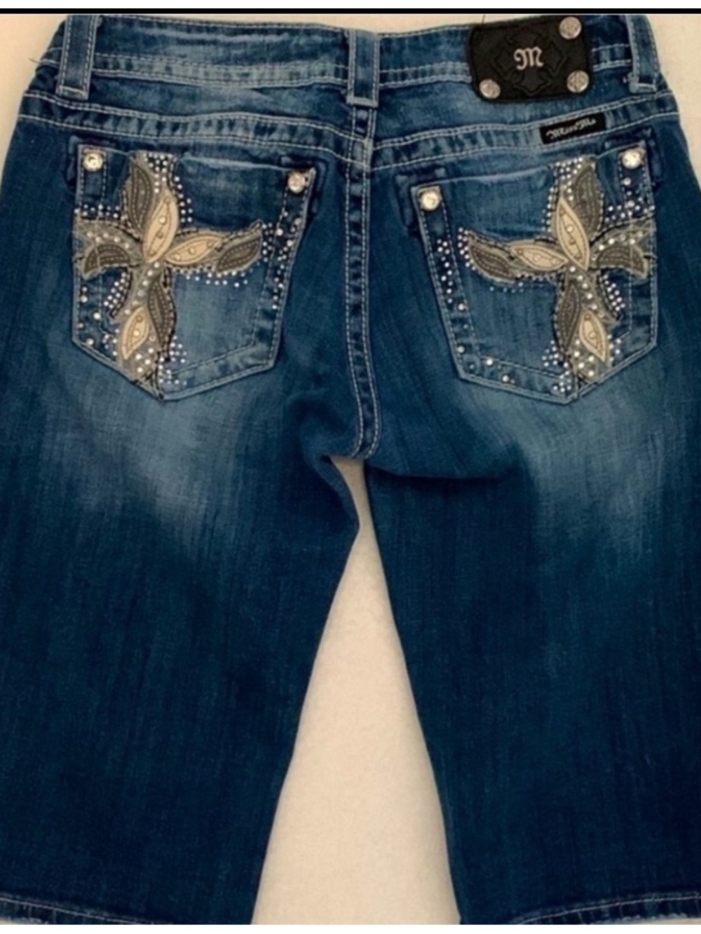 Y2K Embellished Miss Me Dark Blue Embroidered Back-Pocket Bermuda Shorts
